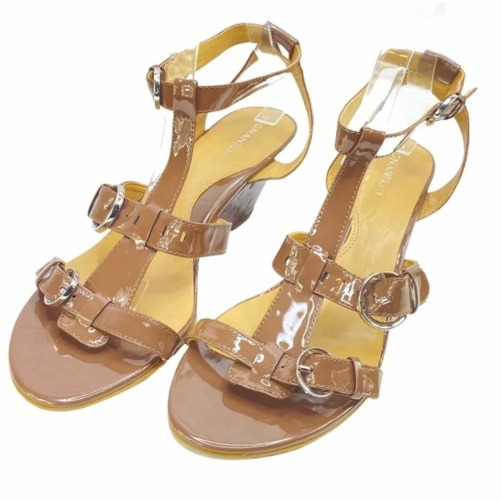 Tignanello Patent Leather Wedge Sandals‎ Tan Brown 10 Open Toe Strappy Summer